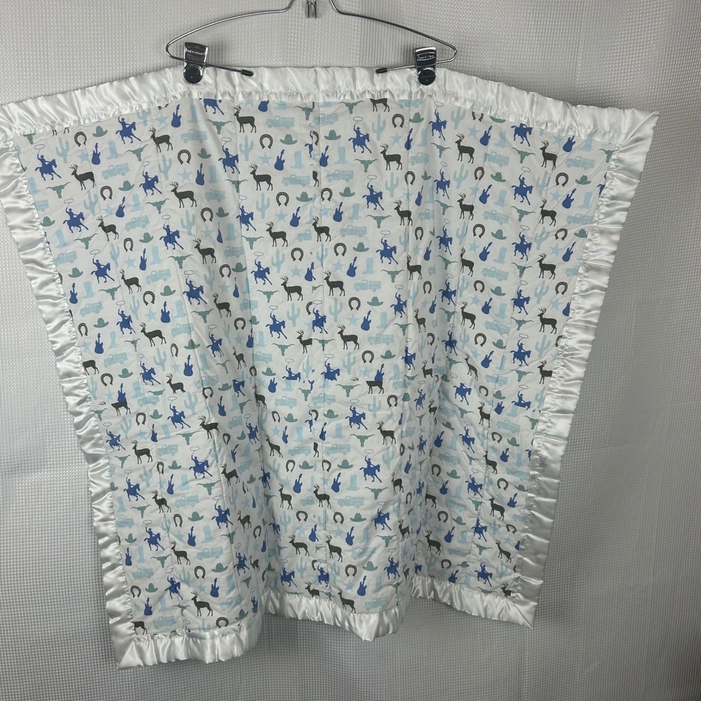 Handmade Western Baby Blanket Cowboy Horse Print Blue Polka Dot Satin Trim